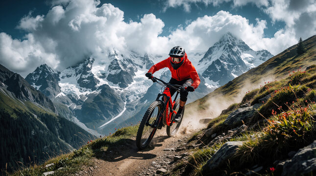 Extreme mountain biker rides fast on rocky trail. Athlete wearing red gear, helmet descends steep hill near snowy peaks. Dust rises from dirt path under bright sky. Intense downhill cycling adventure