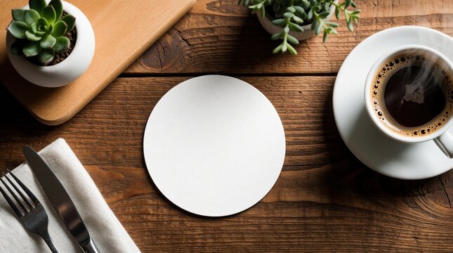 Top view of blank white round coaster on rustic wooden table. Coffee cup with hot drink, small succulent plant in pot, cutlery with napkin nearby. Perfect mockup for cafe branding, restaurant menu