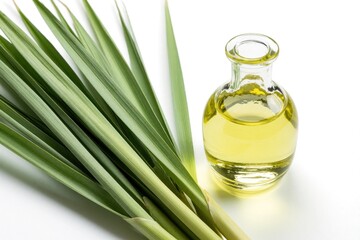 Fototapeta premium Glass bottle with yellow lemongrass essential oil next to fresh green herb leaves. Organic liquid extract for aromatherapy, spa treatment, natural skincare. Healthy plant ingredient for wellness,