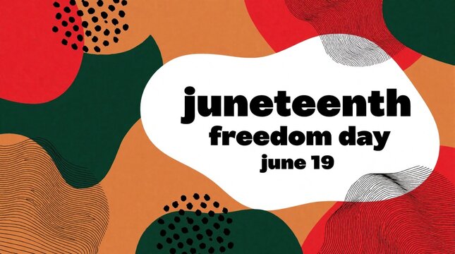 Juneteenth freedom day greeting card design with colorful organic shapes, abstract patterns. Text says Juneteenth freedom day June 19. Modern poster background with red green orange, black colors for