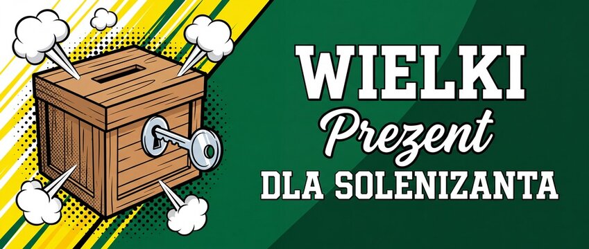 Comic gift box Polish banner featuring retro pop art wooden chest with key and text Wielki Prezent dla Solenizanta for birthday celebration, promotional offer background, vector greeting banner