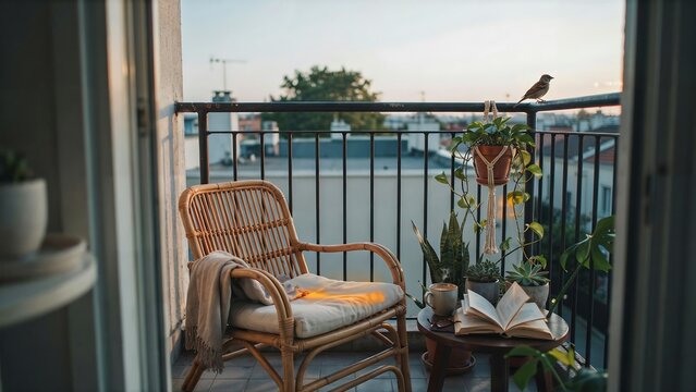 Wicker chair with cushion and open book on a small balcony, potted plants, soft evening city view