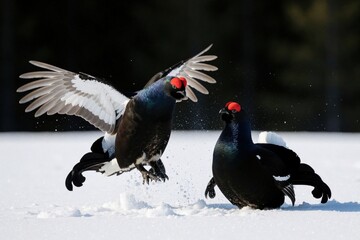 Fototapeta premium Two male black grouse fight in white snow during winter lekking season. Aggressive birds display colorful red combs battling for territory. Male grouse spread wings, jump in cold forest habitat to