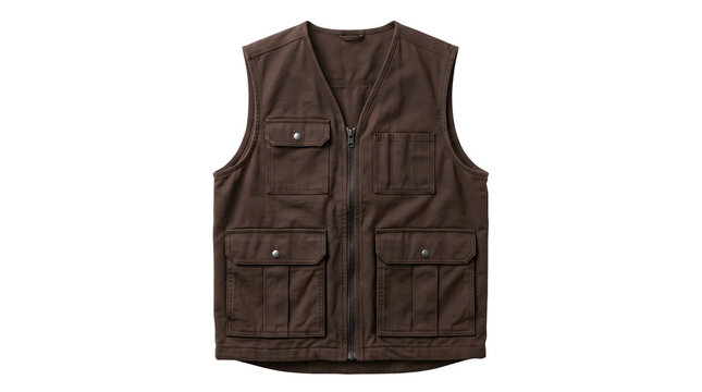 Brown utility vest with pockets, casual outdoor sleeveless jacket mockup, cargo fishing hunting waist coat isolated on white