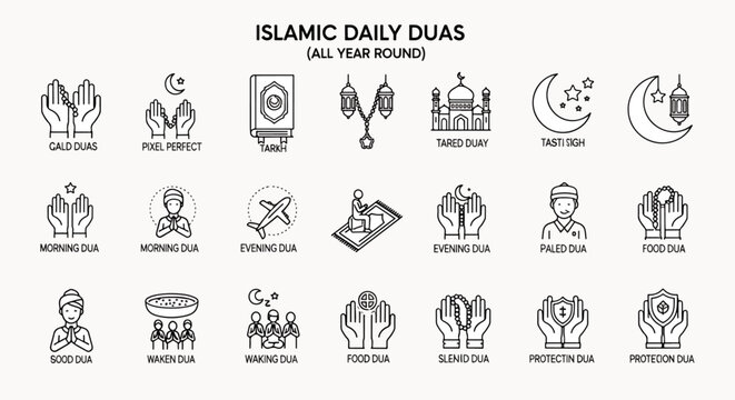 Islamic daily duas vector icons set, year round prayers illustrations, religious symbols, and spiritual concepts