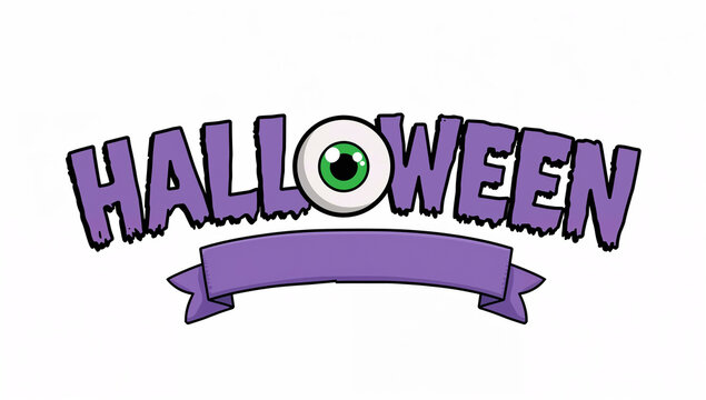 Halloween purple text design with spooky eyeball and banner isolated on white background