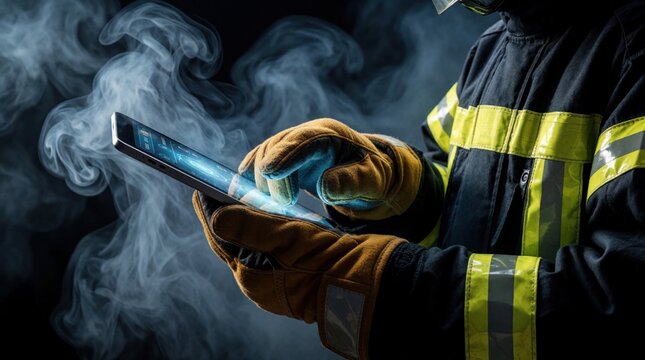 Firefighter in protective gear uses digital tablet in smoky environment. Responder operates touch screen device for emergency management during disaster. Modern tech helps rescue mission through