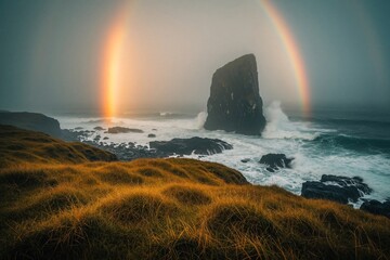 Obraz premium Bright rainbow arches over stormy ocean waves hitting dark sea rocks. Large sea stack stands in water under misty sky. Grassy hill overlooks coastline during sunset. Scenic landscape with dramatic