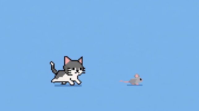 A cat runs after a mouse in a simple playful scene. The setting has a clean retro game look with bright colors and clear visual details.