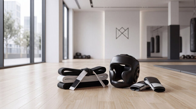 Boxing and martial arts training gear arranged on a wooden floor in a bright, modern gym setting, showcasing protective equipment and training accessories for combat sports
