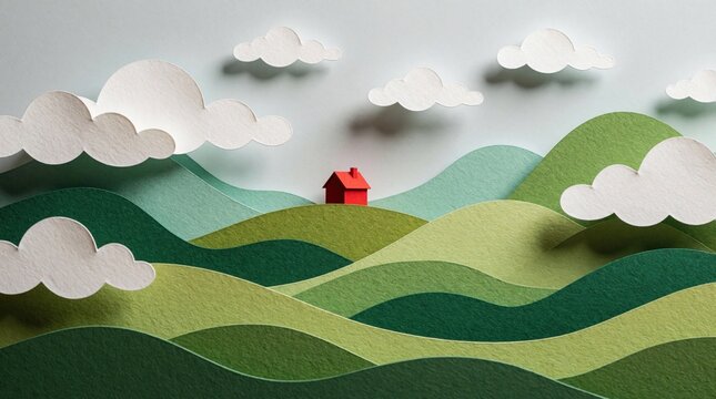 Paper craft art shows red house on green hills. Minimalist landscape with rolling mountains, white clouds in sky. Calm countryside view with simple shapes, soft colors. Peaceful home in dreamy rural