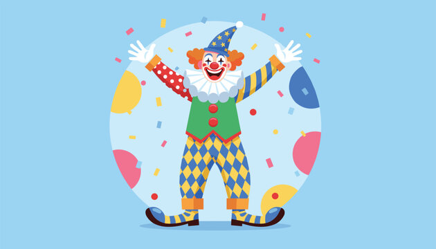 Joyful circus clown character wearing a colorful costume and pointed hat waving hands on a dynamic confetti background.