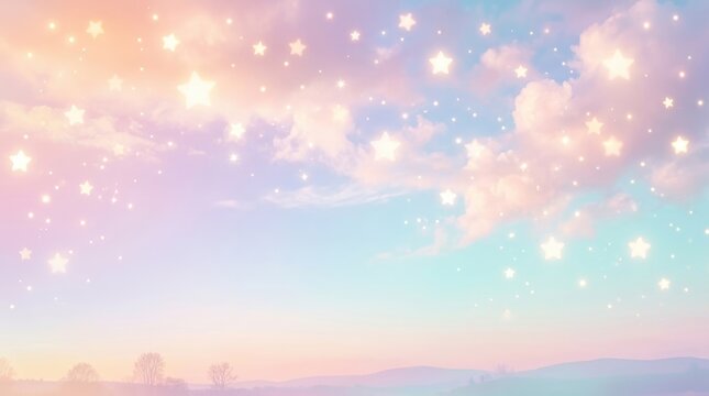 A dreamy pastel sky fills the image, featuring fluffy clouds and a scattering of sparkling stars. A distant, rolling landscape with trees and hills is visible beneath the celestial scene.