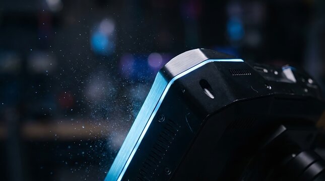 Close up view of modern gaming controller with blue light effect