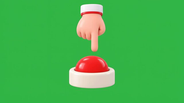 3D Cartoon Hand Pressing Red Push Button Green Screen Loop &ndash; Start, Launch, Click, Order Now, Technology Concept Animation Chroma Key Isolated Seamless 4K