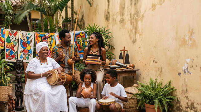 Powerful celebration of Afro-Brazilian heritage, Black Brazilian people from different generations surrounded by symbolic elements of music, dance, literature, art and traditional craftsmanship