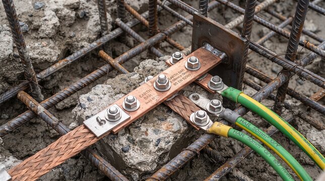Earth Bonding System with Copper Bars and Rebar in Construction
