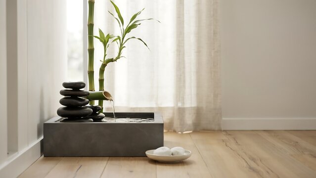 Stacked smooth stones and bamboo plant in a concrete basin, white pebble on light wooden floor, soft sheer curtains