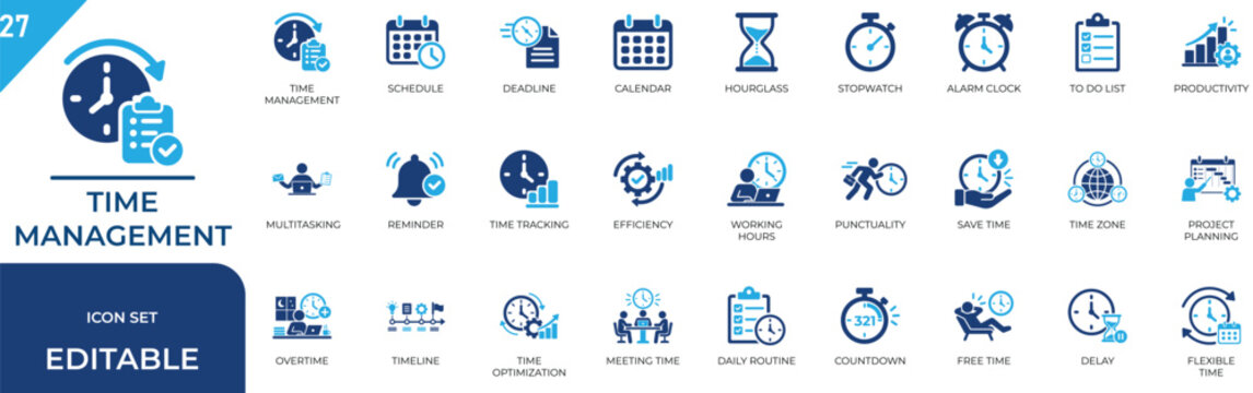 Time management editable icon set. Features calendar schedule, clock tracking, alarm reminder, flexible planning, efficiency checklist, hourglass countdown, and productivity strategy.