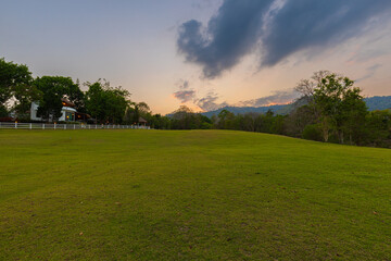 Fototapeta premium Scenic Green Grass Lawn Meadow with Resort House and Mountain Sunset View,A beautiful landscape photograph of a spacious green grass lawn field at twilight sunset, featuring a cozy resort house with 