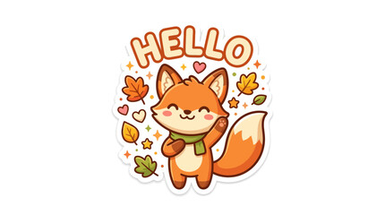 Fototapeta premium Cute Cartoon Fox Waving Hello with Autumn Leaves and Hearts Sticker Illustration