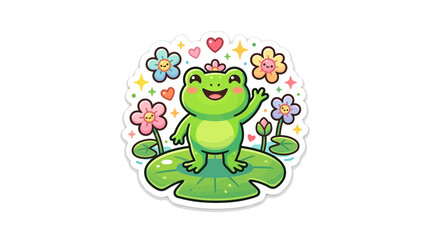 Obraz premium Cute Kawaii Green Frog Character Waving on Lily Pad with Smiling Flowers and Hearts Illustration