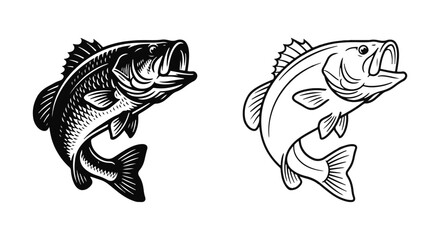 Fototapeta premium Jumping bass fish depicted in solid black and outlined engraving style illustrations with fishing icon fish illustration fishing sport fish silhouette line art