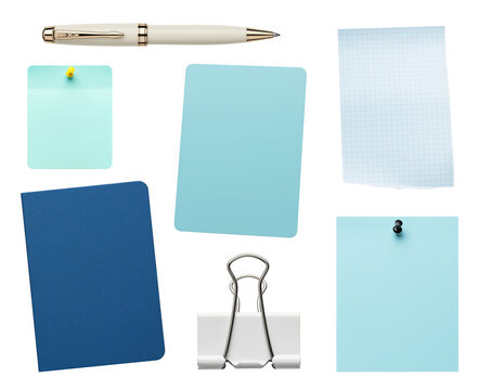 Blue note papers with a pinned turquoise memo and squared sheet accompany a navy card, white pen and binder clip for school assignments and handwritten office reminder messages