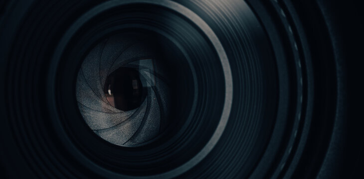 Camera Lens Aperture Blades Macro Close-Up,A detailed macro close-up photograph looking directly into a camera lens, featuring the aperture blades, optical glass, and green anti-reflective coating. 