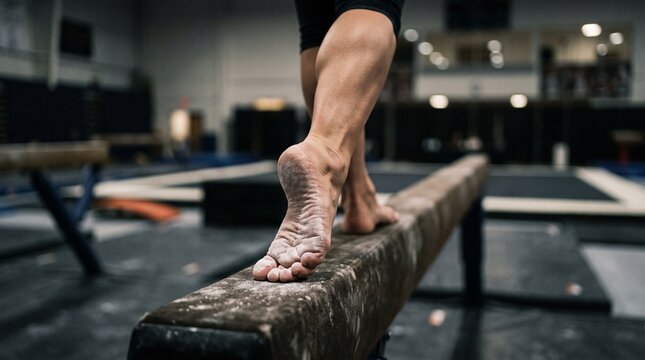 Close-up of a female gymnast's chalked feet balancing gracefully on a wooden balance beam during training.