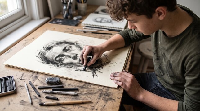 Young artist creating a charcoal portrait drawing at a wooden desk with art supplies