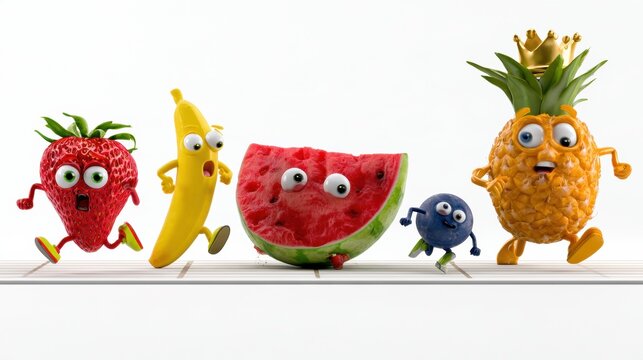 Fruit characters are on a race track. They are in action poses with one strawberry sprinting and a banana slipping comically.