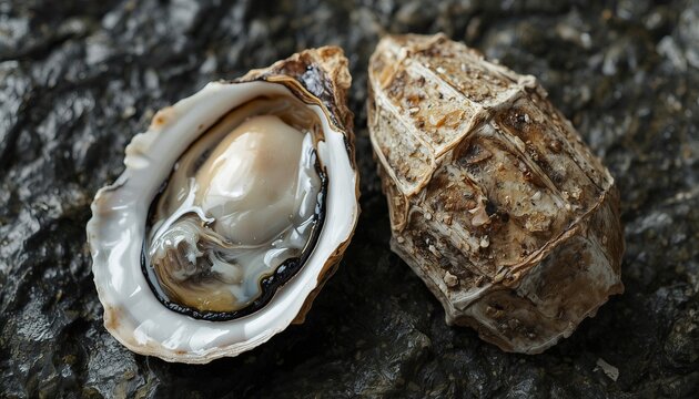 glistening open oyster with exposed creamy flesh and adjacent
 closed shell resting on textured dark rock, 
moist iridescent interior conveying serene fresh marine elegance
