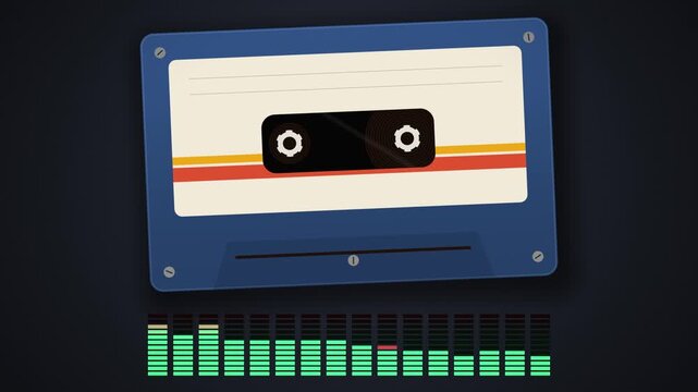 Retro blue cassette tape playing, reels turning with a bouncing spectrum analyser, lofi music visualiser seamless loop