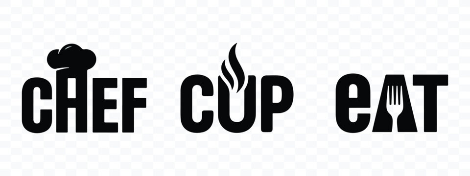Chef cup and eat wordmark logos featuring kitchen items as negative space chef hat food service culinary restaurant branding typography utensils creative