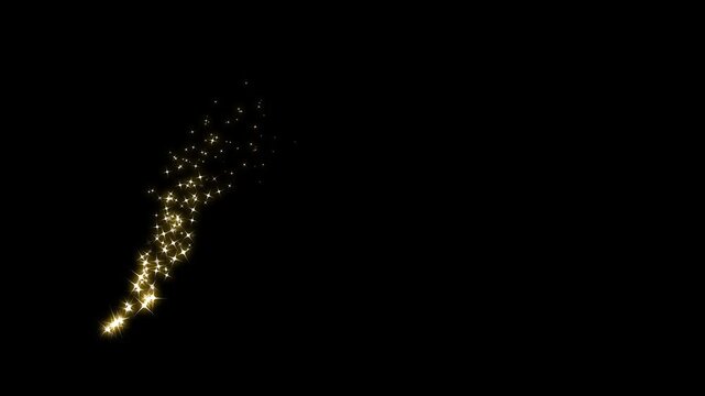 Luxury golden glowing starlight glitter sparkle path white twinkling stars line, glowing pixie dust burst on black screen background 4k. glittering star dust trail sparkling particles