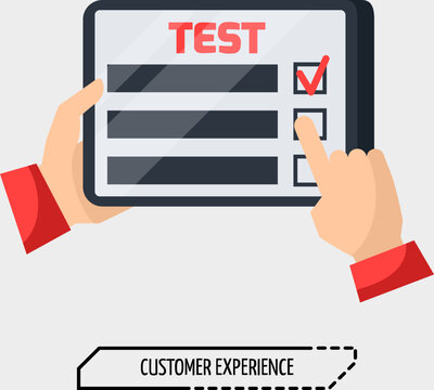 Customer Experience Vector Illustration Hands Holding Digital Tablet with Online Survey Test and Checkbox Isolated on Light Background