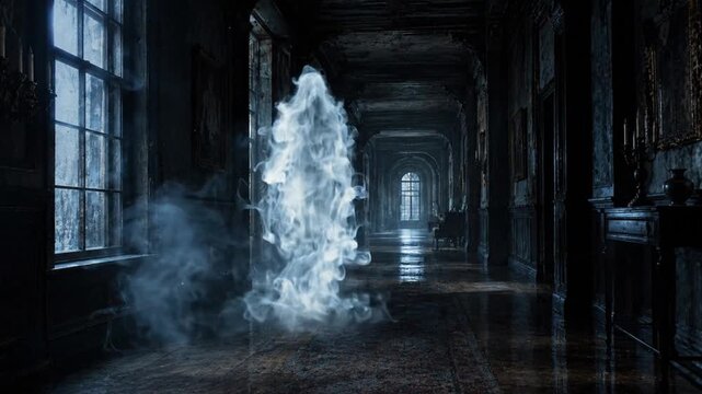 Ghostly apparition gliding through dimly lit historic hallway with misty atmosphere