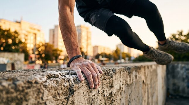 Close-up action shot of a parkour athlete's chalk-covered hand vaulting over a concrete wall during an urban freerunning session at sunset.