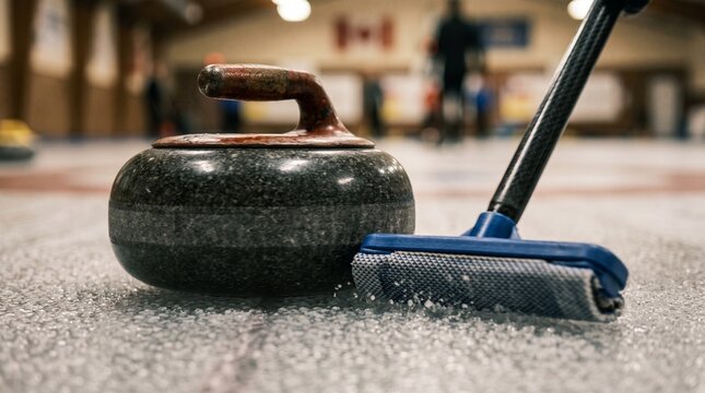 Close-up shot of a granite curling stone sliding on pebbled ice next to a sweeping broom during a winter sports competition.