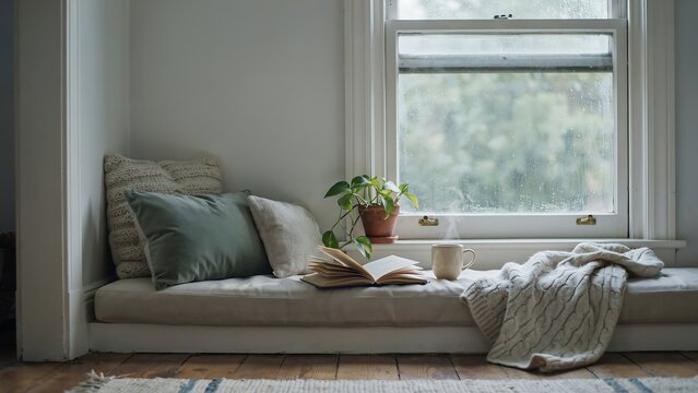 Cozy window seat with cushions, open book, knitted throw and small potted plant, soft daylight through the window