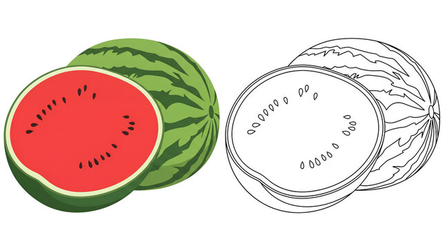 fresh juicy watermelon sliced and whole presented side by side vibrant vector illustration flat design and outline drawing for coloring book activities healthy food clip art children s education