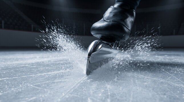 Close-up action shot of a speed skater's blade carving sharply into the ice, creating a dynamic spray of ice crystals during a competitive winter sports match.