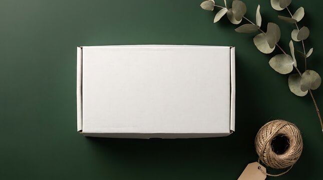 White cardboard delivery box mockup resting on dark green surface with natural eucalyptus branches