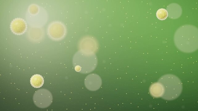 Macro pollen grains floating in spring green light with rack focus and pollen dust, allergy season seamless loop