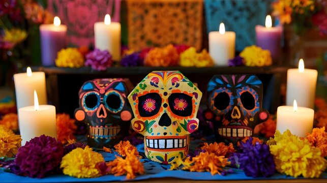 Vibrant sugar skulls and marigolds arranged on an altar with lit candles and colorful floral deco ns
