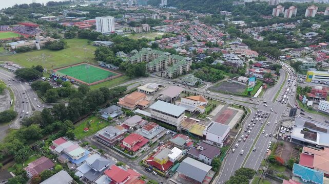 Aerial Footage of local lifestyle residential housing at Kota Kinabalu city, Sabah, Malaysia
