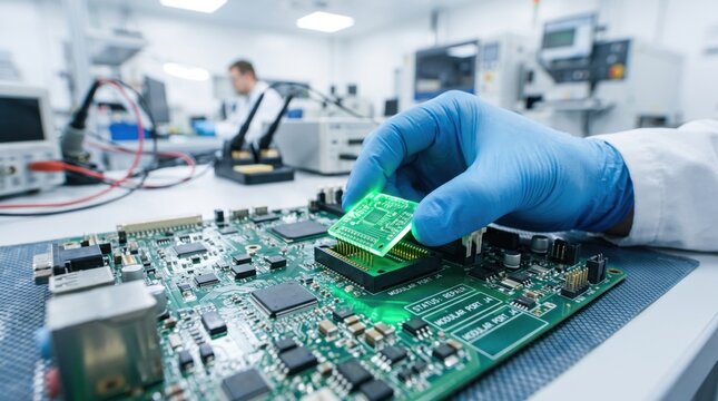 A technician wearing blue gloves installs a small circuit board onto a larger motherboard in a high-tech electronics laboratory.