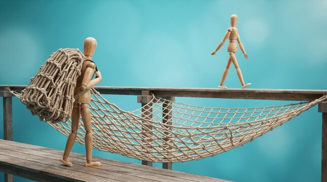 Wooden doll figure walking near hanging hammock with towel