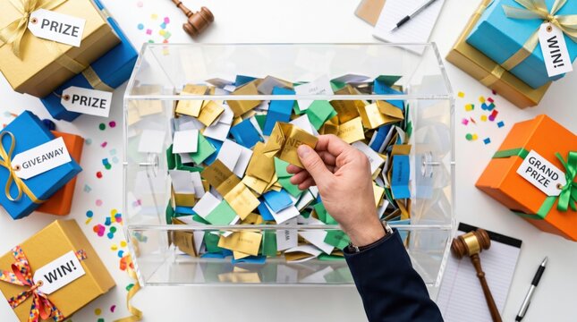 A hand draws a winning ticket from a transparent raffle box filled with colorful paper slips, surrounded by wrapped prize boxes labeled with "Prize," "Win," and "Giveaway.